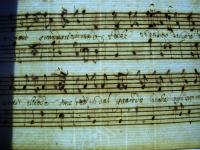 Santo inginocchiato recante una croce inscritto in uno scudo a tre punte (parte superiore)